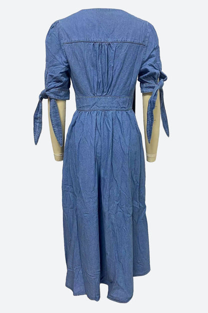Single-Breasted V-Neck Denim Dress Lavish Daily