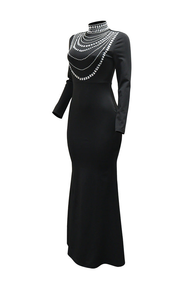 Long Sleeve Diamond Fishtail Bandage Maxi Dress LavishDaily