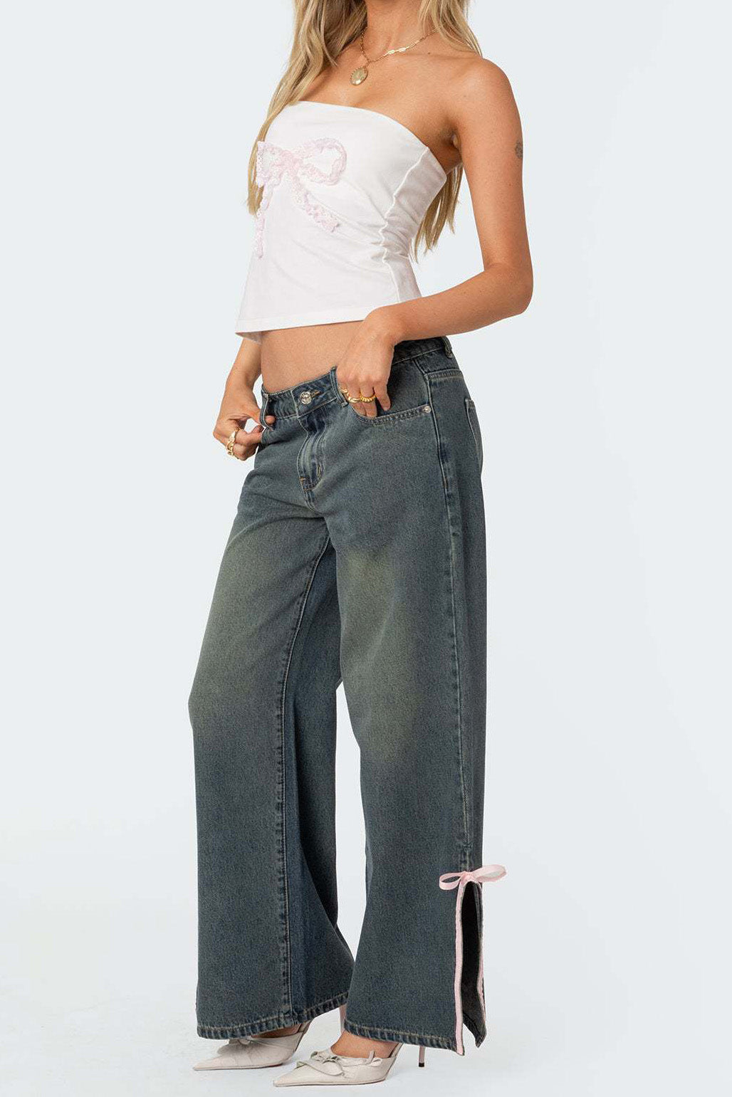 Washed Bow Slit Wide Leg Denim Pants Lavish Daily