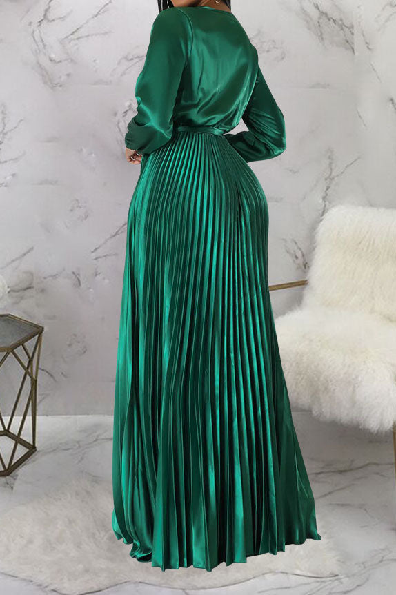 Faux Silk Pleated Tie-Waist Maxi Dress Lavish Daily