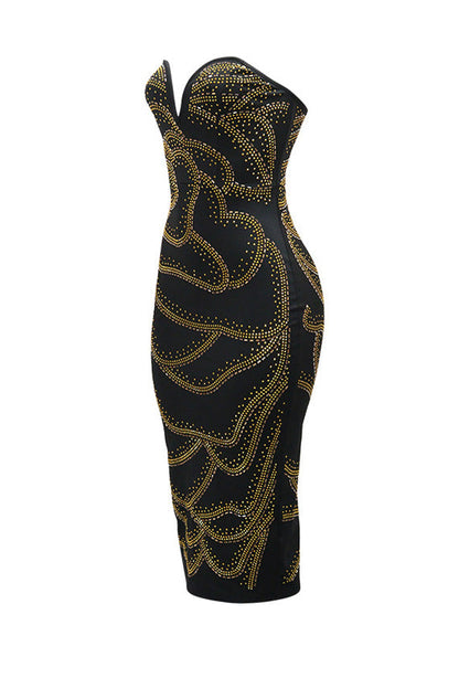Strapless Rhinestone Bodycon Midi Dress Lavish Daily