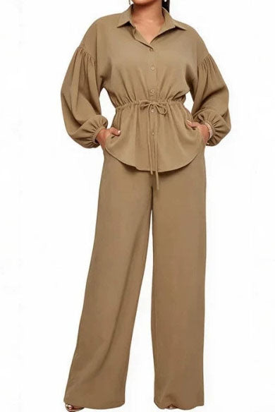 Drawstring Shirt & Wide Leg Pant Set Lavish Daily