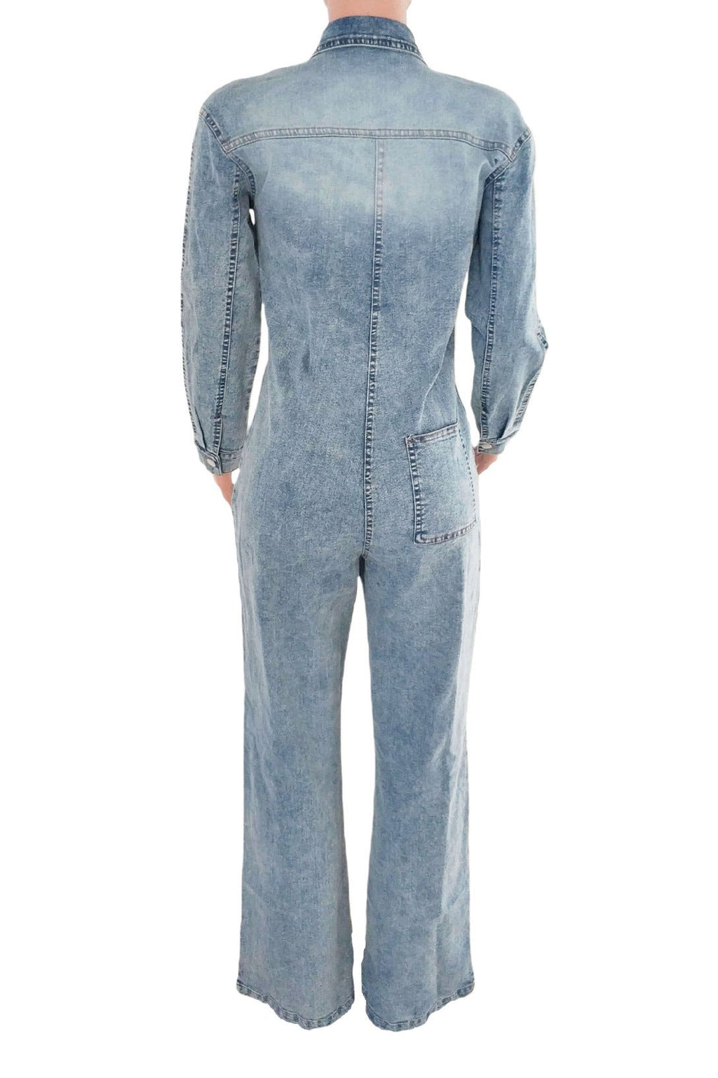 Slim Fit Long Sleeve Washed Denim Jumpsuit LavishDaily