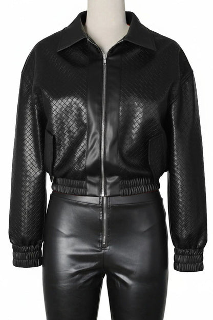 Textured PU Leather Cropped Moto Jacket Lavish Daily