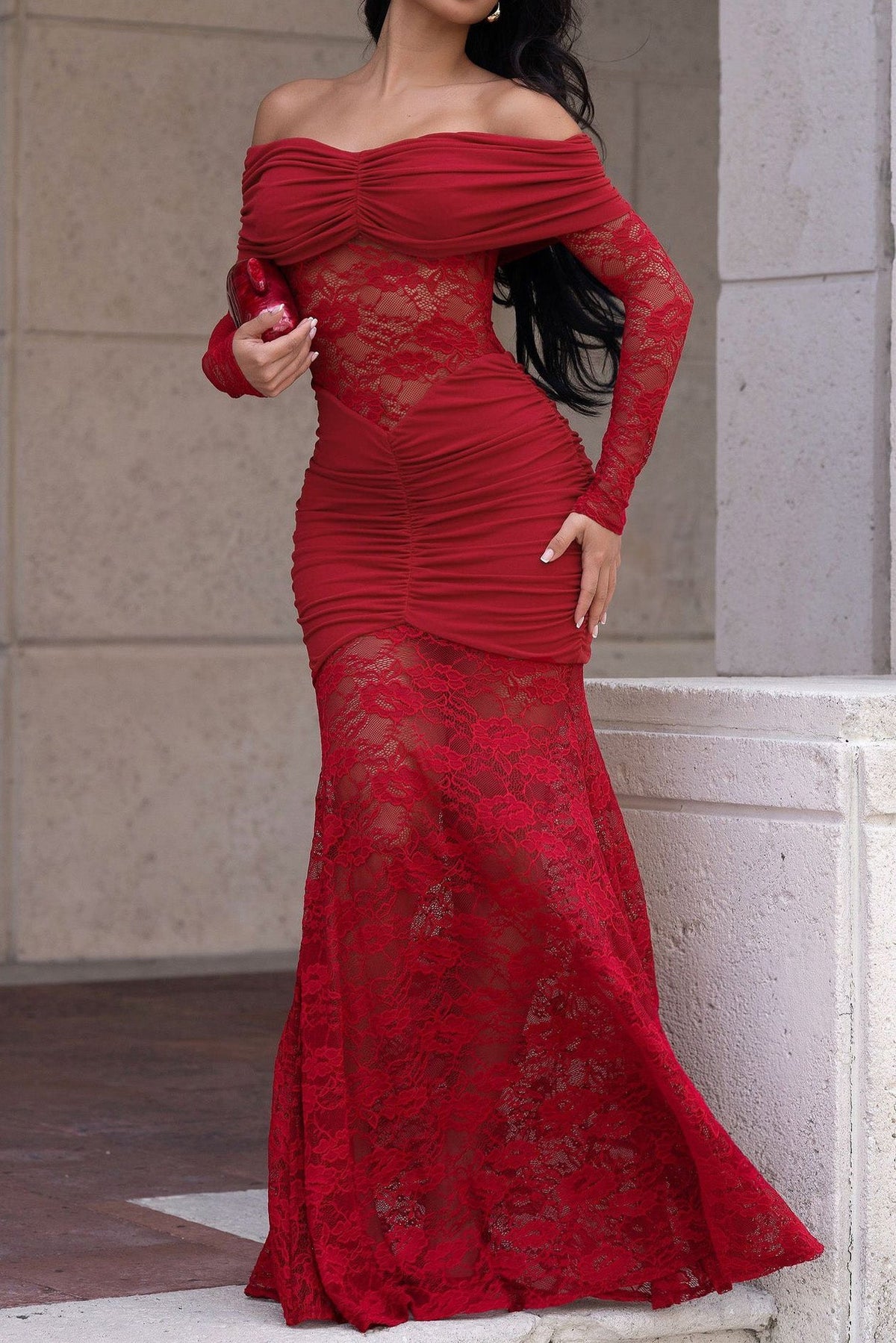 Off-Shoulder Ruched Lace Maxi Dress Lavish Daily