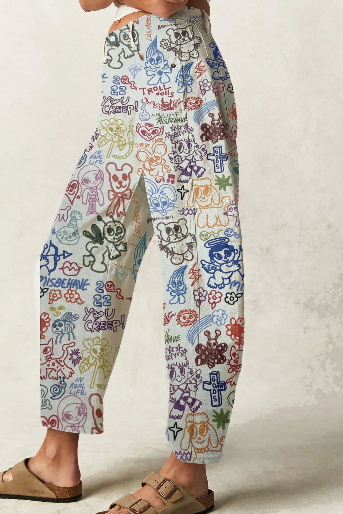 Doodle Print Relaxed Barrel Leg Jeans Lavish Daily