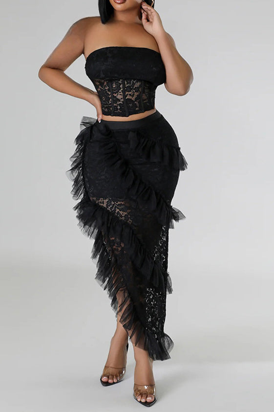 Lace Strapless Top and Ruffle Skirts Sets Lavish Daily
