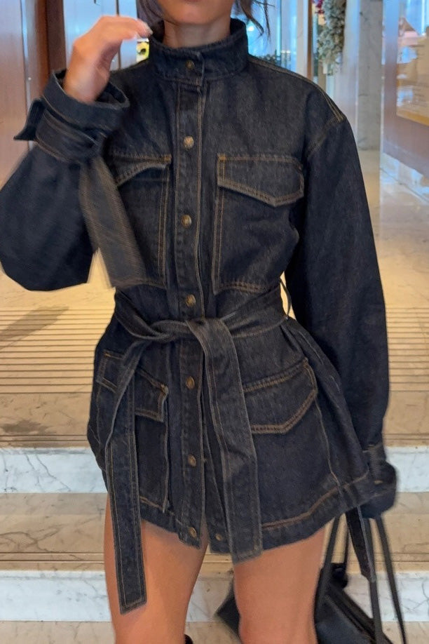 Casual Stand Collar Button Denim Jacket Lavish Daily