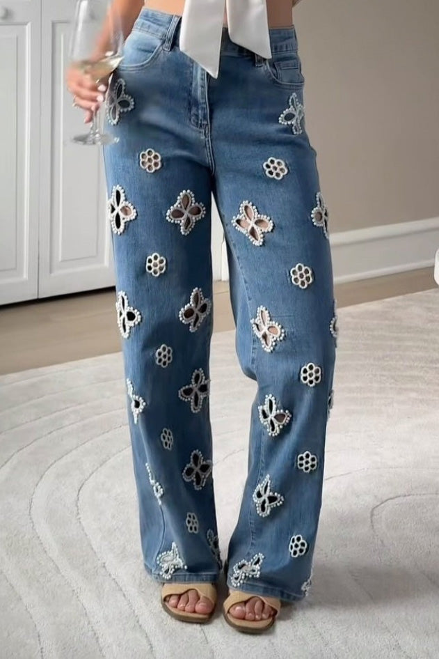 Pearl Embellished Floral Cutout Jeans Lavish Daily