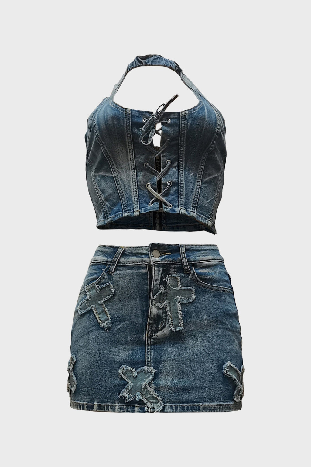 Denim Skirt U-Neck Two-Piece Set Lavish Daily