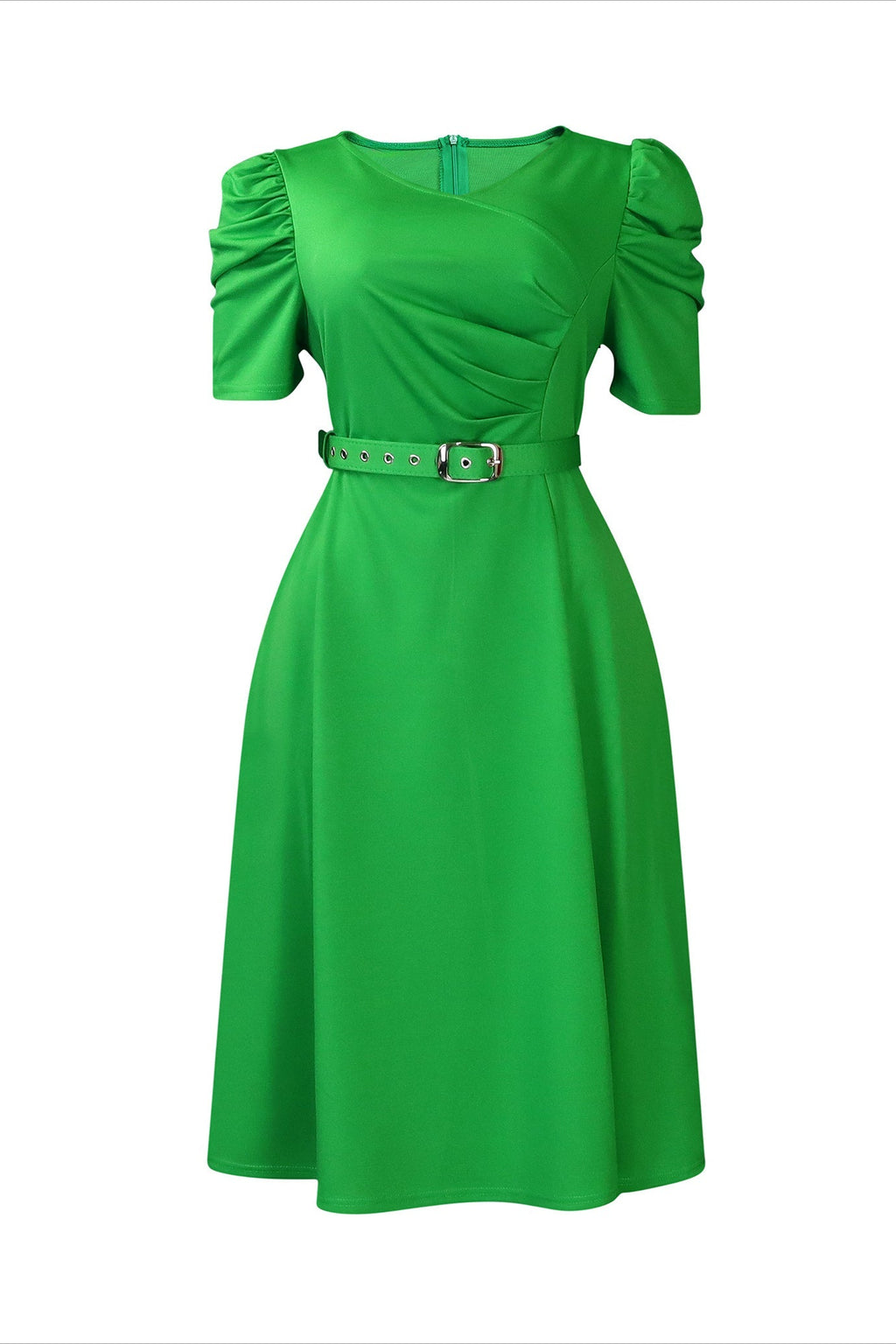 V Neck Short Puff Sleeves High Waist Midi Dress Lavish Daily