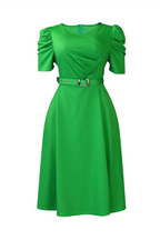 V Neck Short Puff Sleeves High Waist Midi Dress Lavish Daily
