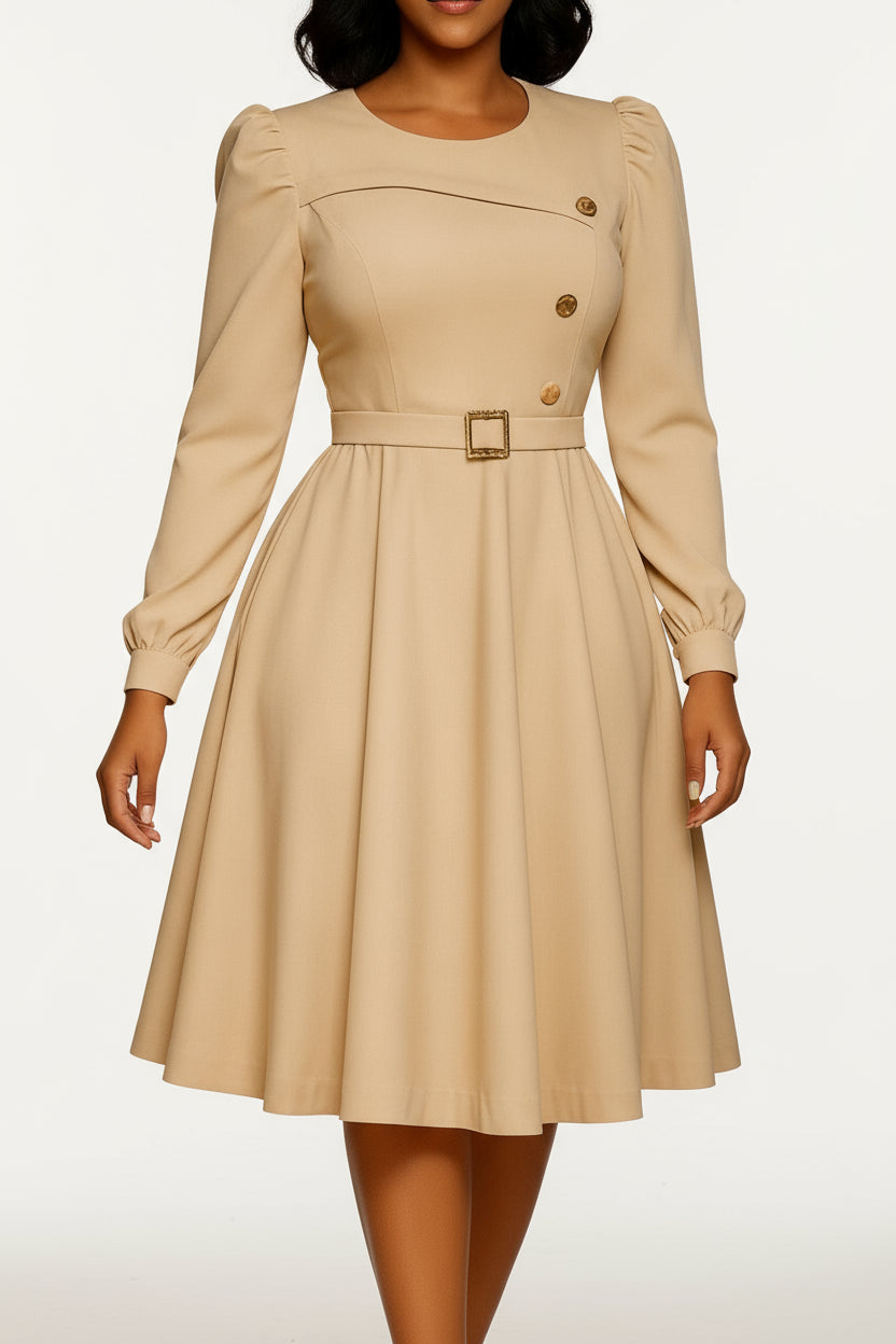 Round Neck Long Sleeve A-Line Dress Lavish Daily