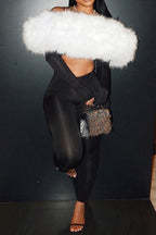 Off Shoulder Faux Fur Crop Jumpsuit Lavish Daily