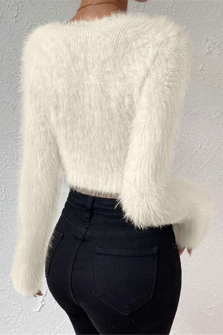V Neck Slim Plush Short Sweater LavishDaily