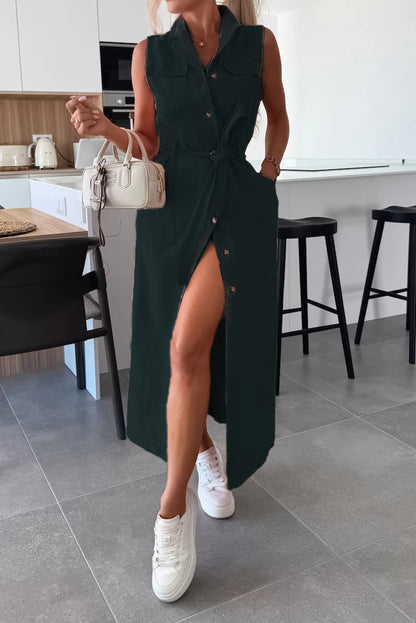 Sleeveless Belted Utility Maxi Shirt Dress Lavish Daily