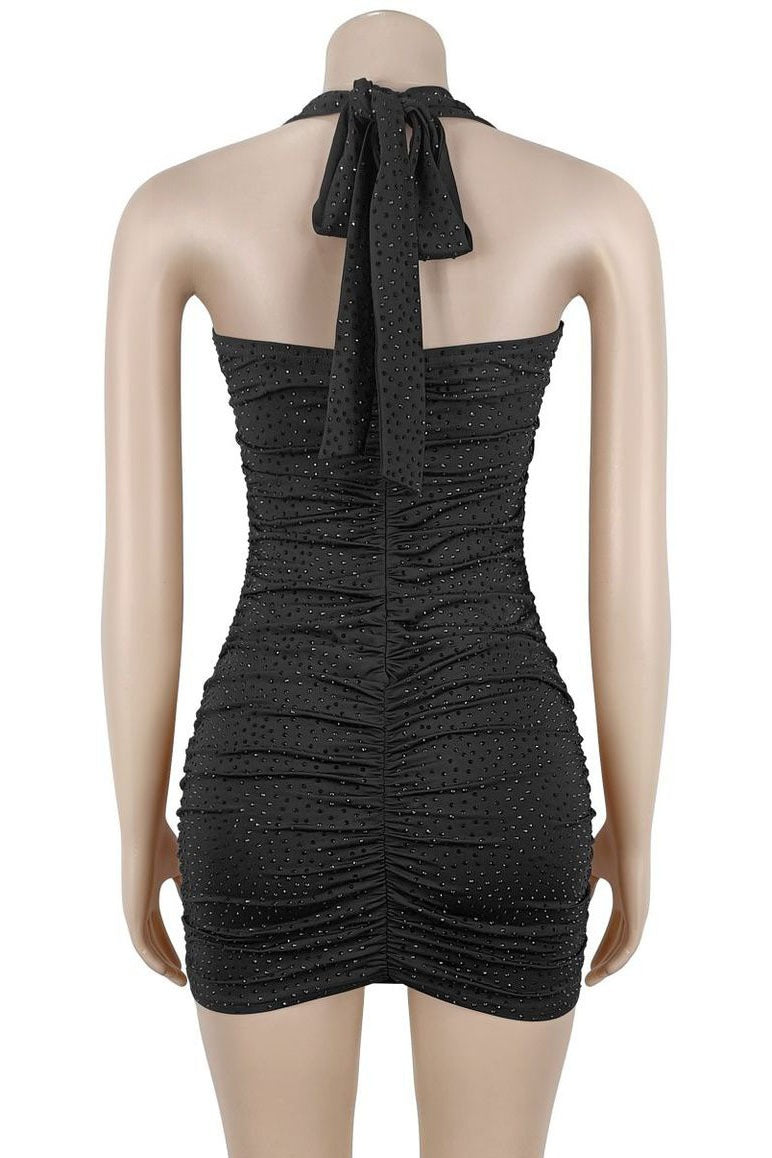 Rhinestone Ruched Halter Mini Dress Lavish Daily