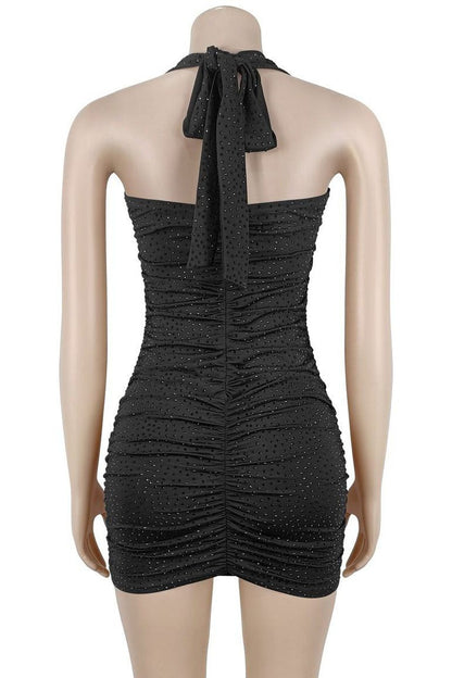 Rhinestone Ruched Halter Mini Dress Lavish Daily