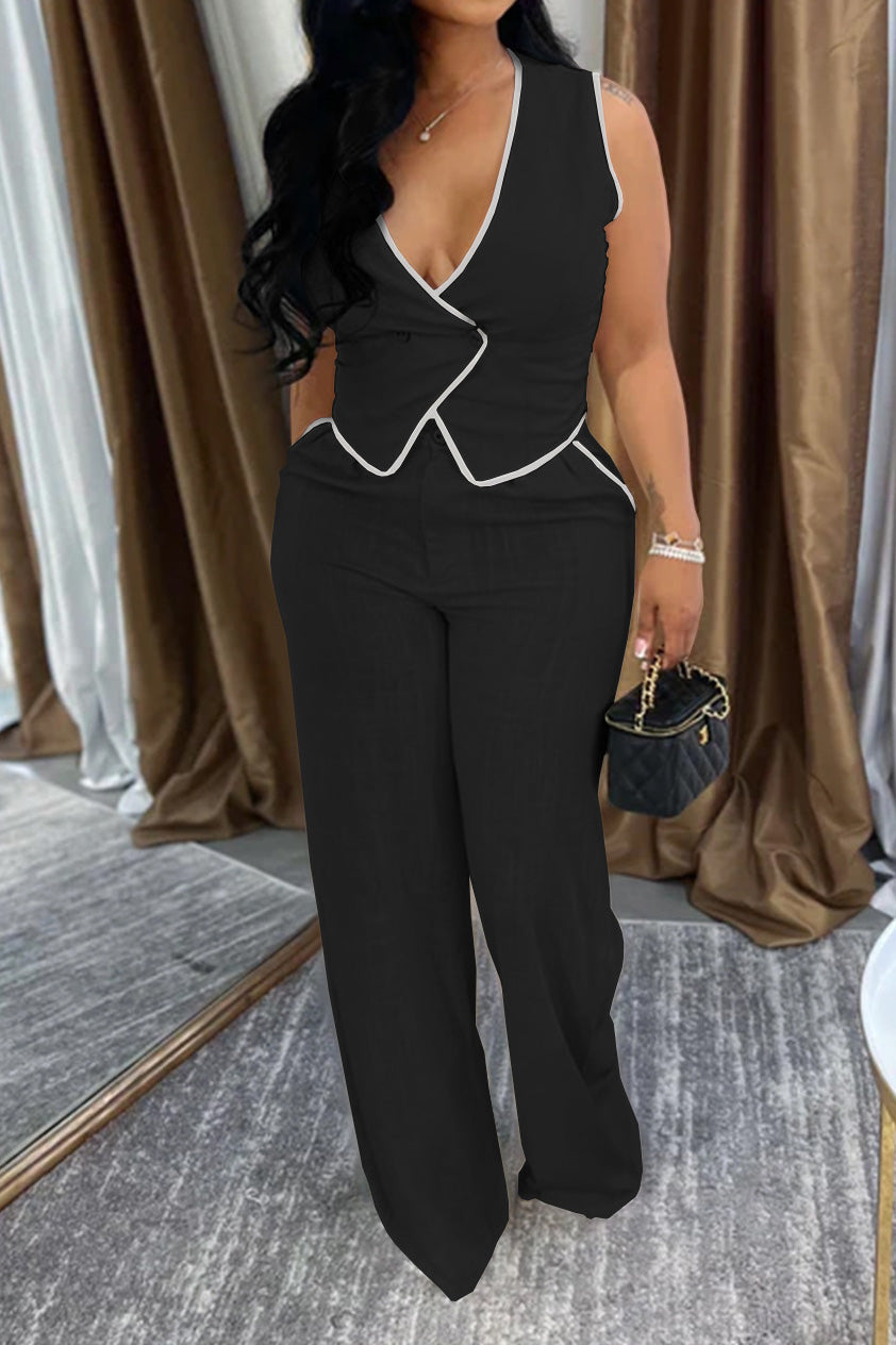 V-Neck Button Top & Pants Two-Piece Set Lavish Daily