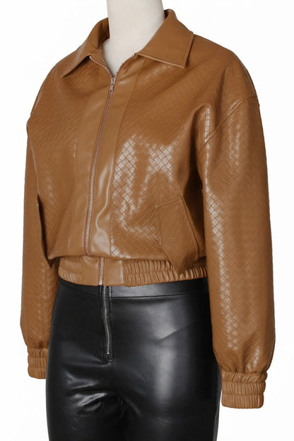 Textured PU Leather Cropped Moto Jacket Lavish Daily