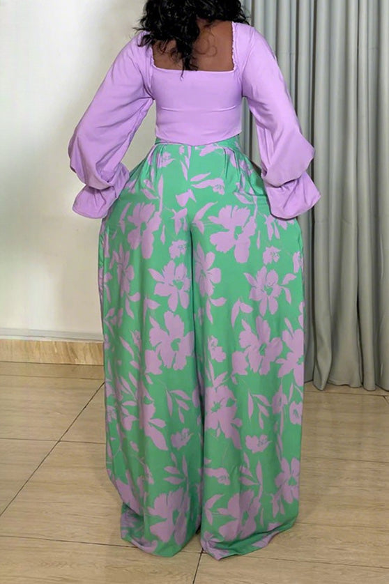 Long Sleeve Top and Printed Wide Leg Pants Set Lavish Daily