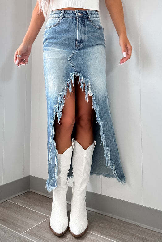 Distressed Irregular Tassel High Waist Denim Skirt Lavish Daily