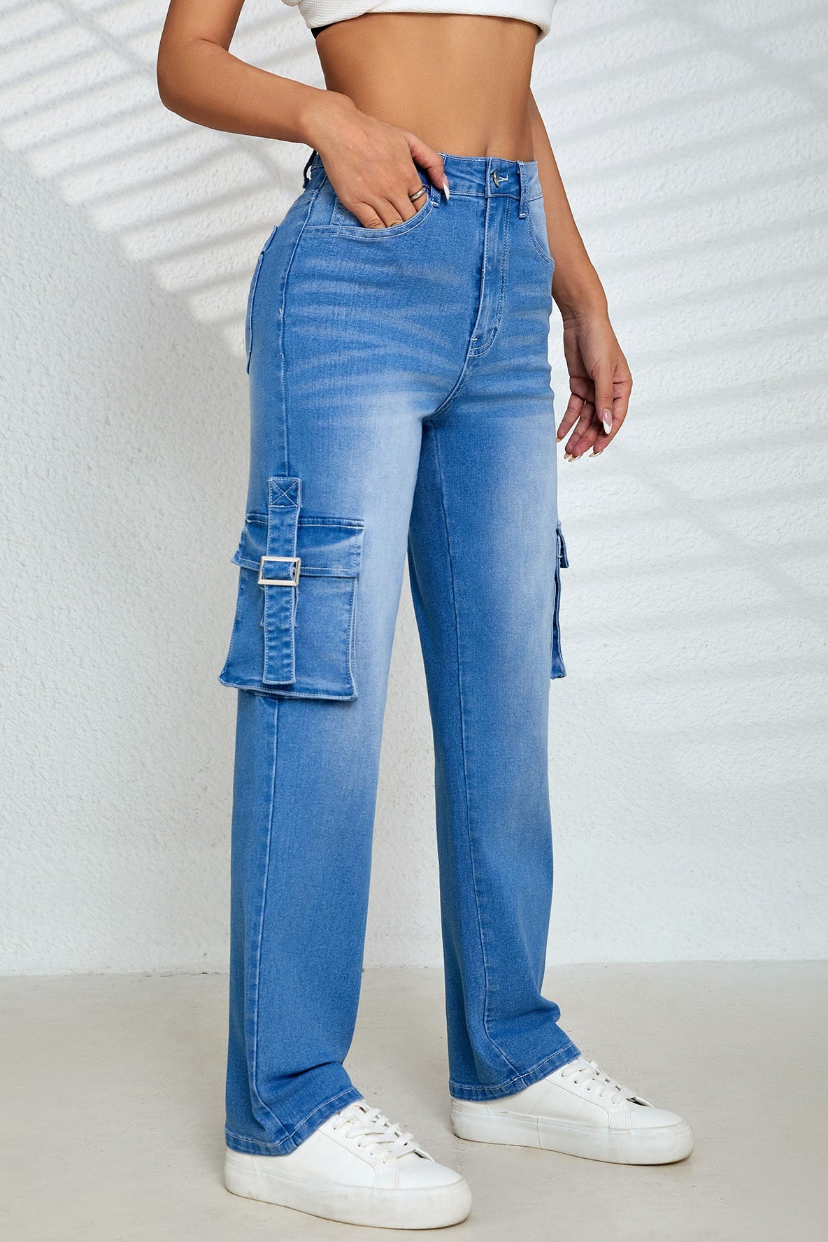 Multi-Pocket Stretch Straight Cargo Denim Pants Lavish Daily