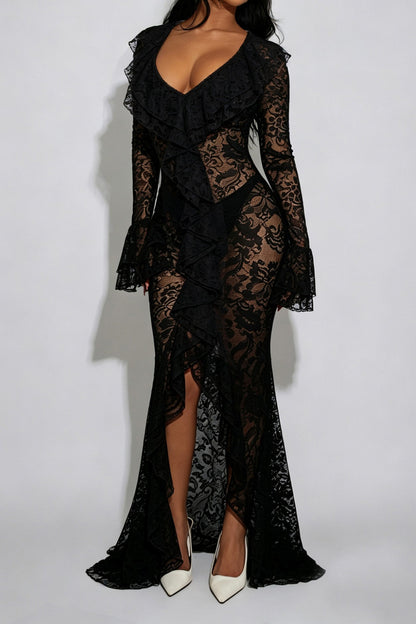 Sheer Lace Ruffled Slit Maxi Dress Lavish Daily