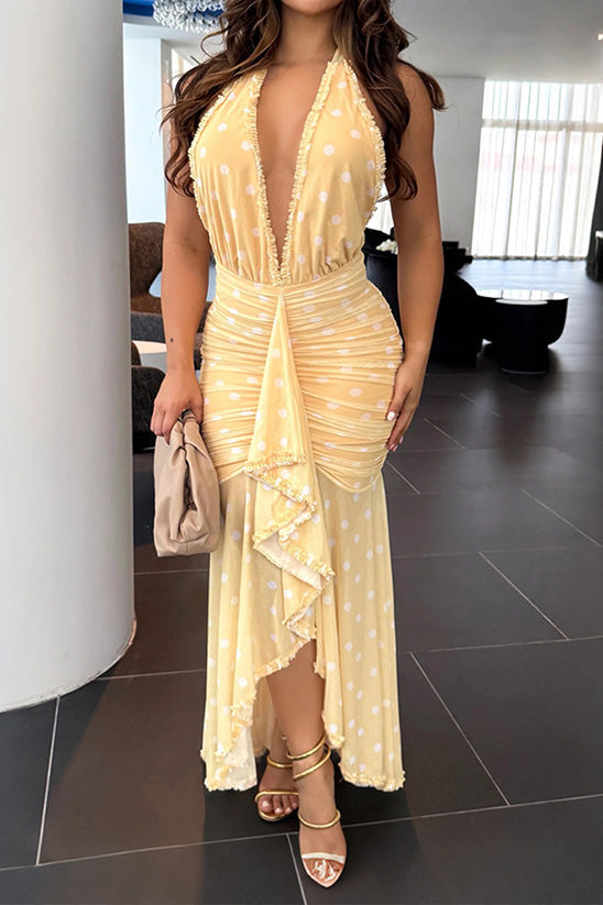 Plunging Halter Ruched Ruffle Maxi Dress Lavish Daily
