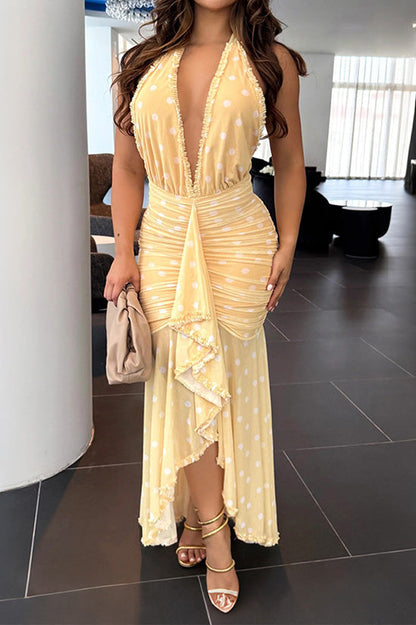 Plunging Halter Ruched Ruffle Maxi Dress Lavish Daily
