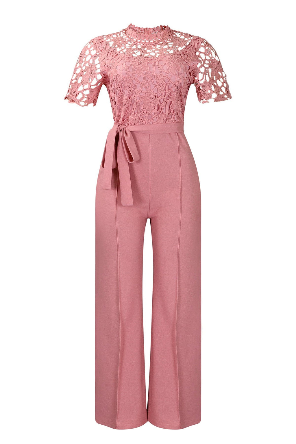 Lace Hollow Out Tie Waist Wide Leg Jumpsuit Lavish Daily