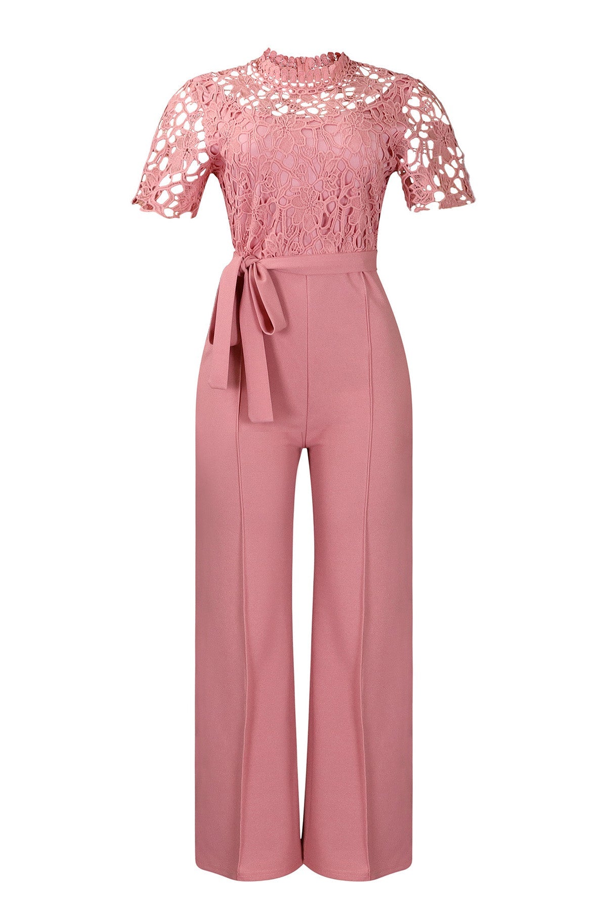 Lace Hollow Out Tie Waist Wide Leg Jumpsuit Lavish Daily
