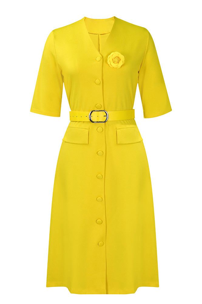 V-Neck Button Front Solid Color Midi Dress Lavish Daily