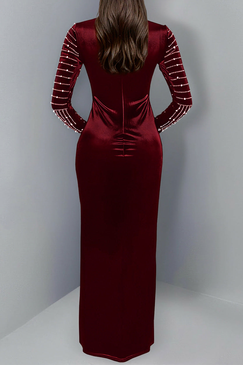 Velvet Rhinestone Long Sleeve Evening Dress Lavish Daily