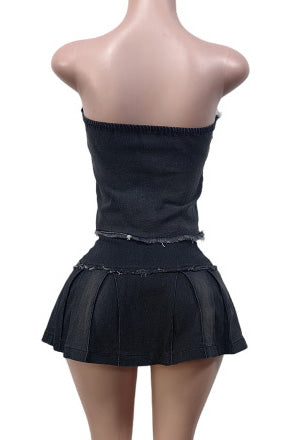 Denim Strapless Pleated Embroidered Skirt Set Lavish Daily