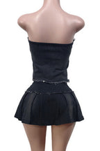 Denim Strapless Pleated Embroidered Skirt Set Lavish Daily