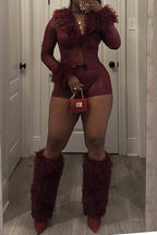 Snake Texture Faux Leather Long Sleeve Shorts Set Lavish Daily