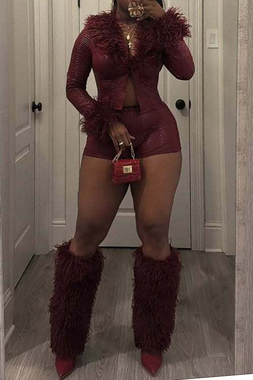 Snake Texture Faux Leather Long Sleeve Shorts Set Lavish Daily