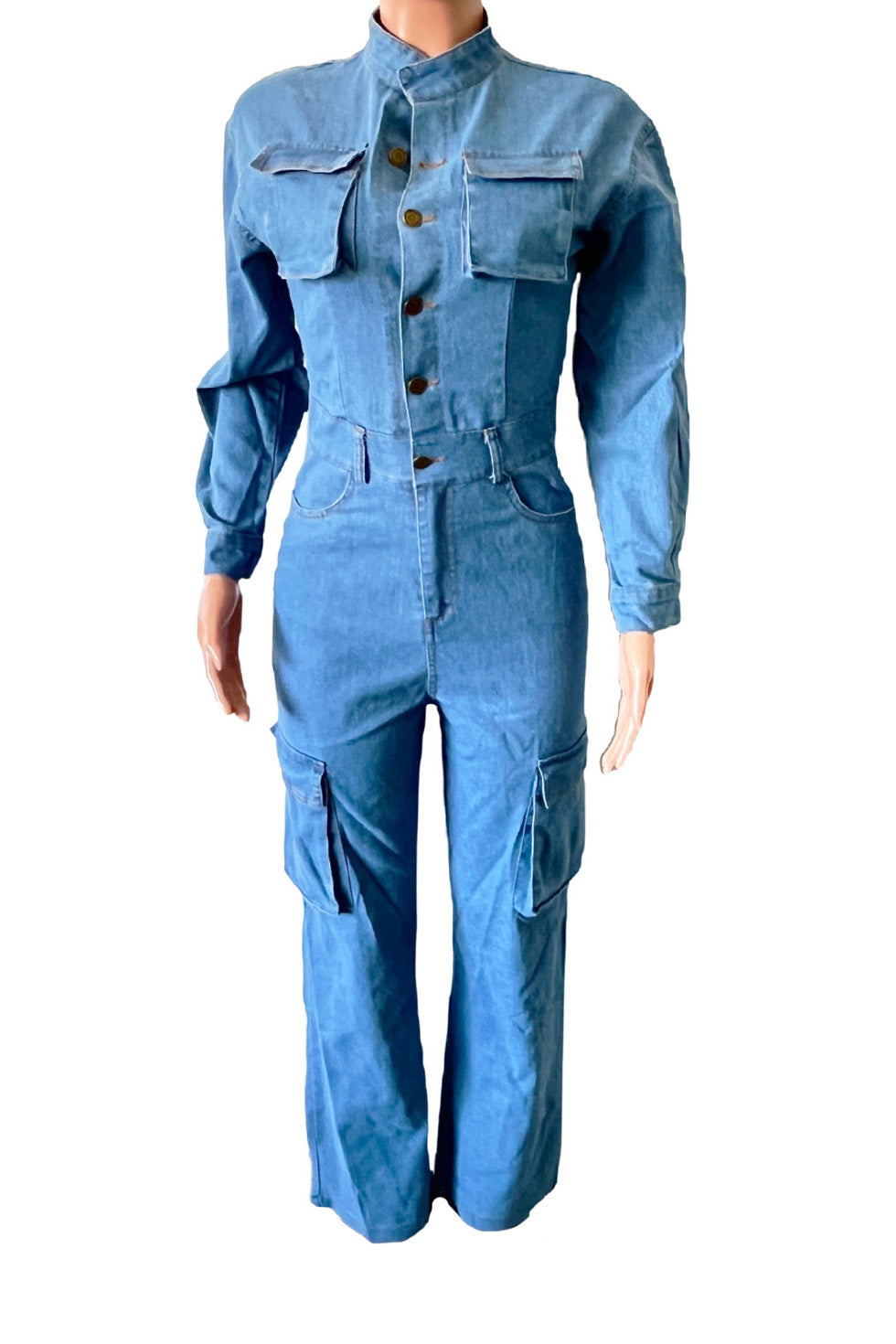 Long Sleeve Denim Cargo Pocket Jumpsuit Lavish Daily