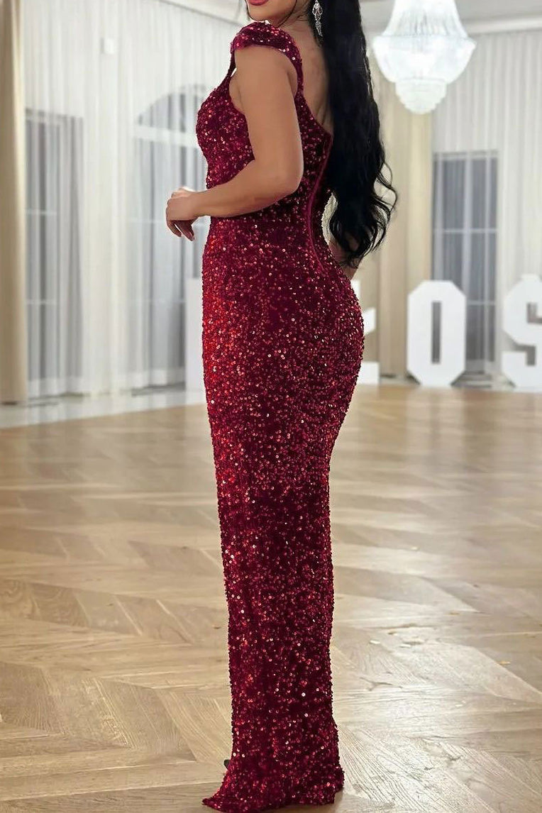 Burgundy Sequin Corset Slit Sweep Dress Lavish Daily