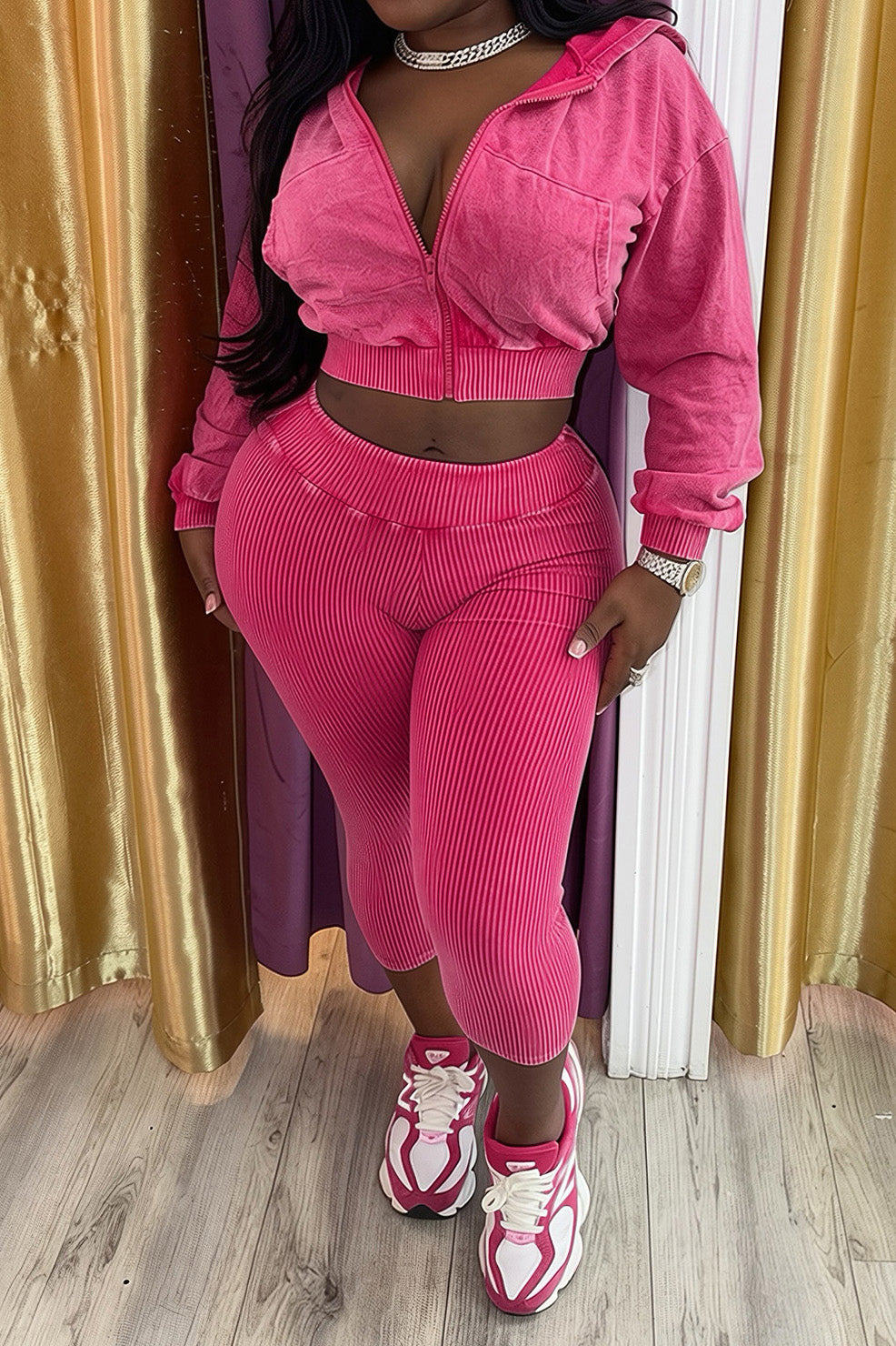 Washed Hoodie & Ribbed Capri Leggings Set Lavish Daily