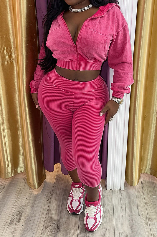 Washed Hoodie & Ribbed Capri Leggings Set Lavish Daily