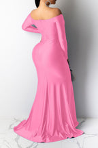 Off-Shoulder Long Sleeve Sweep Train Dress LavishDaily