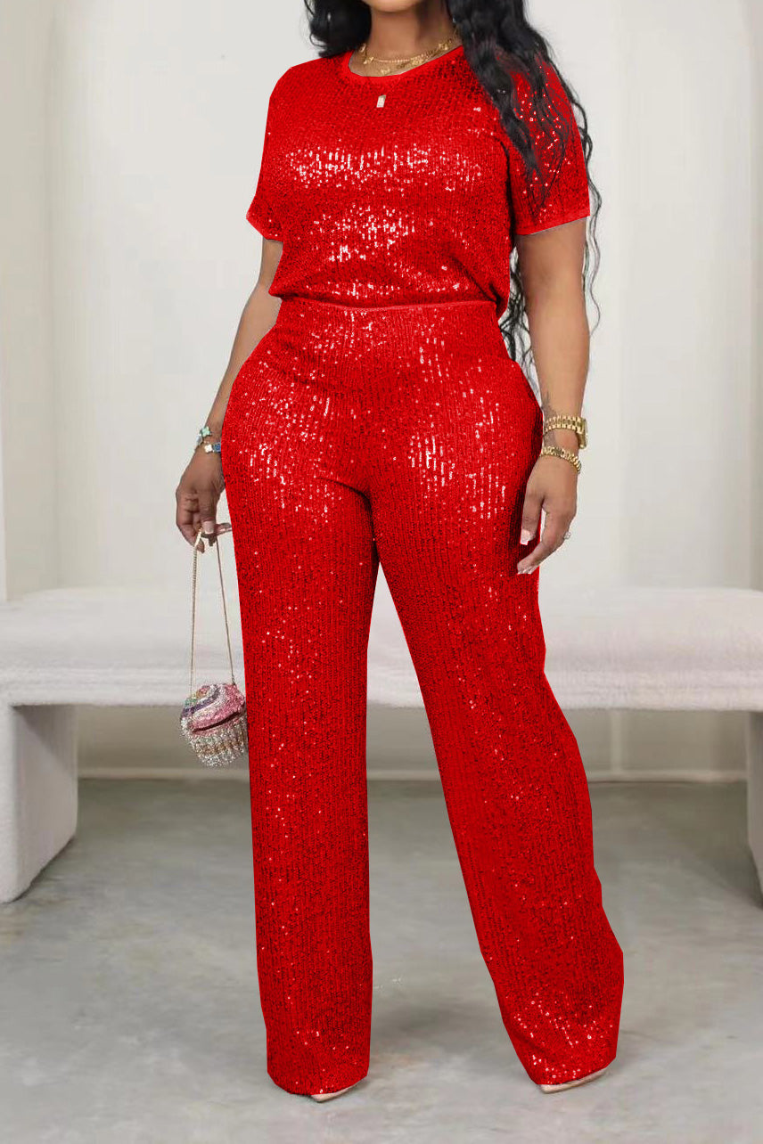 Sequin Solid 2-Piece Set - Tee & Pants Lavish Daily