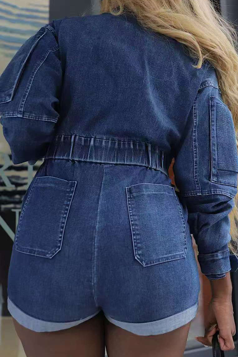 Washed Denim Long Sleeve Romper Lavish Daily