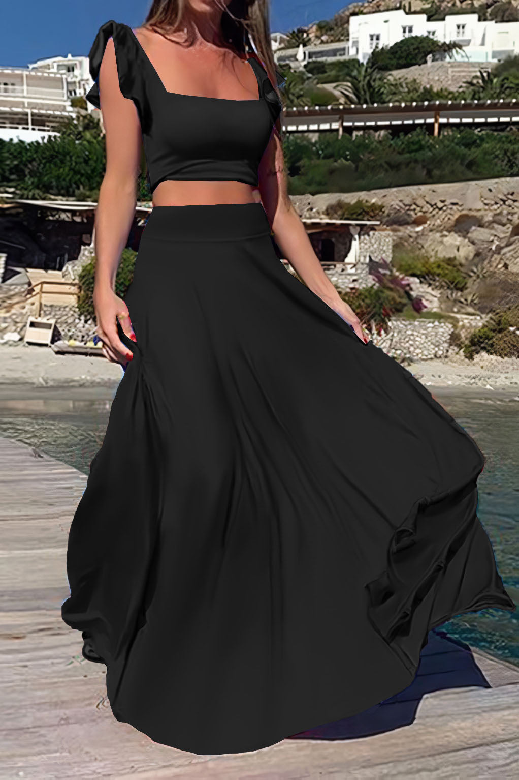 Elastic Solid Color Long Dress Two-Piece Set Lavish Daily