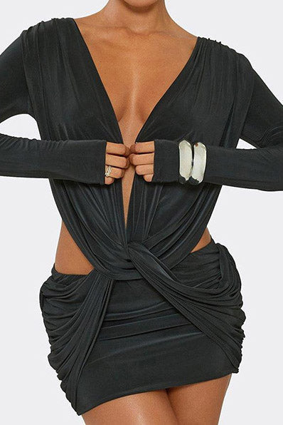 Twist-Front Cutout Long-Sleeve Mini Dress Lavish Daily