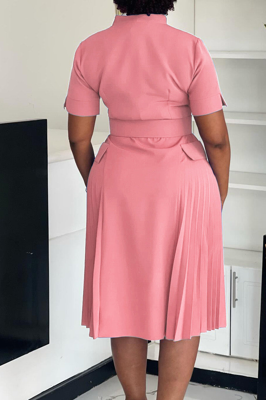 V-Neck Solid Color Plus Size Pleated Dress Lavish Daily