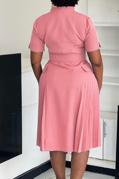 V-Neck Solid Color Plus Size Pleated Dress Lavish Daily