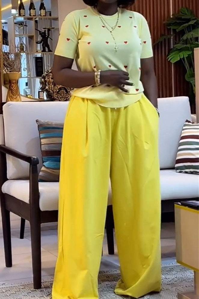 Round Neck Short Sleeve Top & Wide Leg Pants Set Lavish Daily